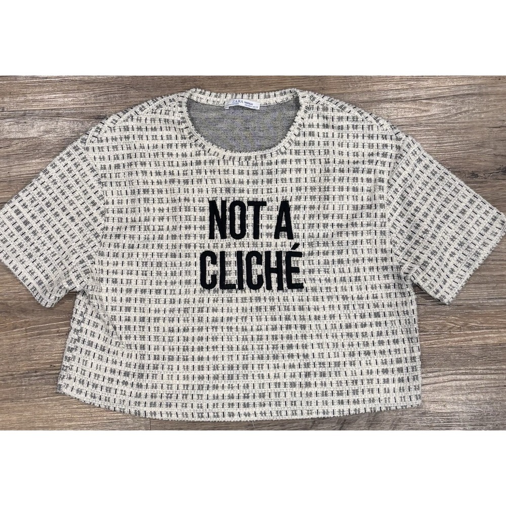 ZARA Trafaluc Not A Cliché Crop Top Women's M Textured Tweed Top Short Sleeve